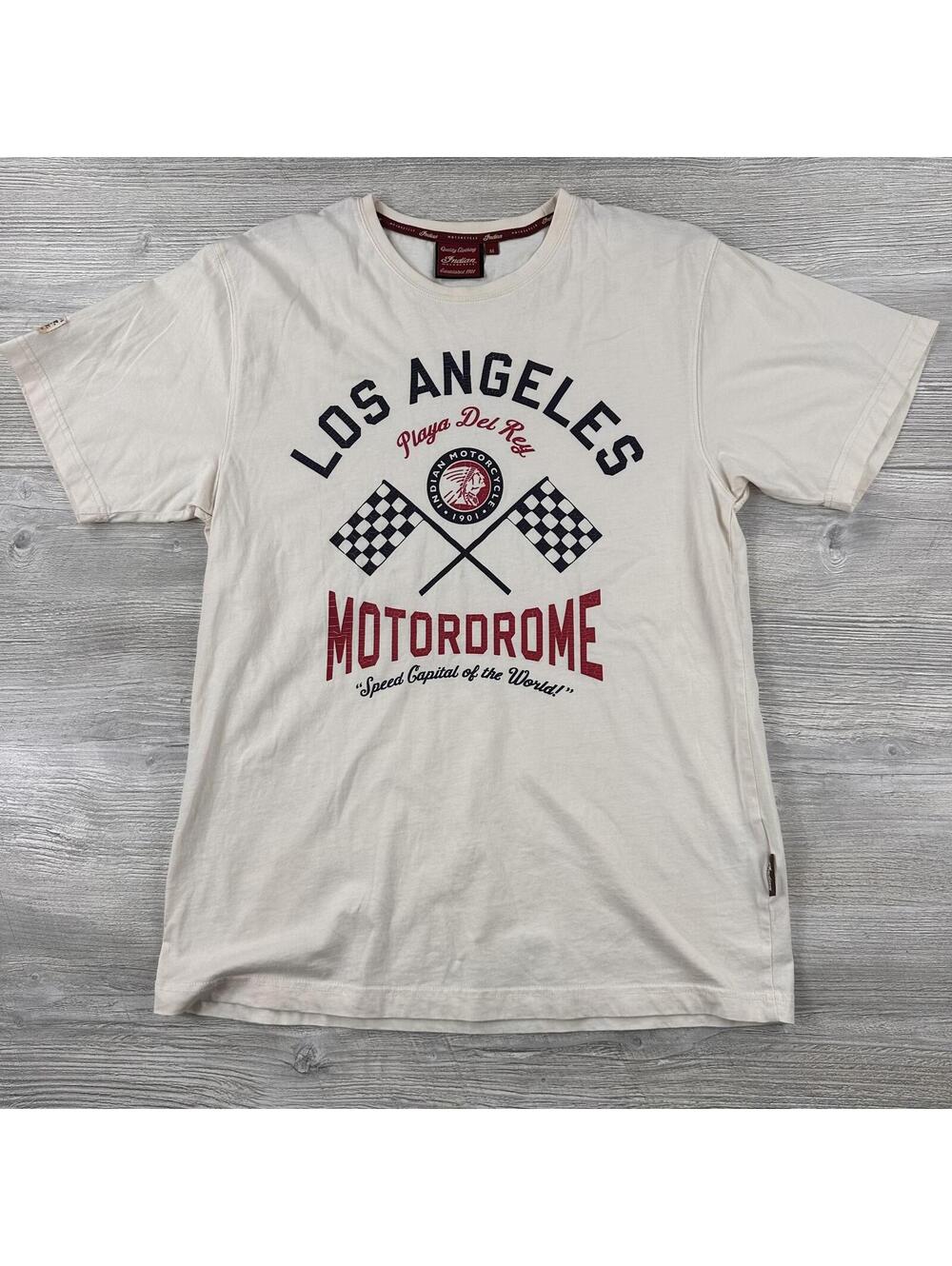 Indian Motorcycle Los Angeles Motordome T Shirt Mens Medium White Cream Short SL
